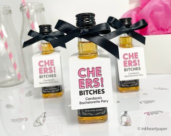 Cheers Bitches Mini Liquor Bottle Tags: Bachelorette Party Favors (Set of 12)