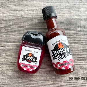 ersonalized Baby-Q baby shower favor bottles with red gingham labels, perfect for filling with barbecue sauce, mini liquor, or hand sanitizer for a BBQ themed shower.