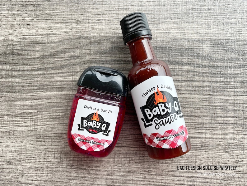 ersonalized Baby-Q baby shower favor bottles with red gingham labels, perfect for filling with barbecue sauce, mini liquor, or hand sanitizer for a BBQ themed shower.