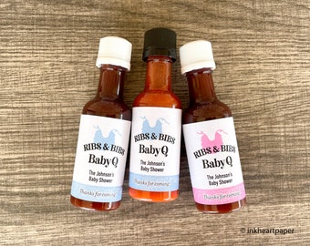 BabyQ Sauce Bottle with Labels, Ribs and Bibs Personalized Baby Shower Barbecue Sauce Bottle Favor, EMPTY DIY Kit 12 bottles