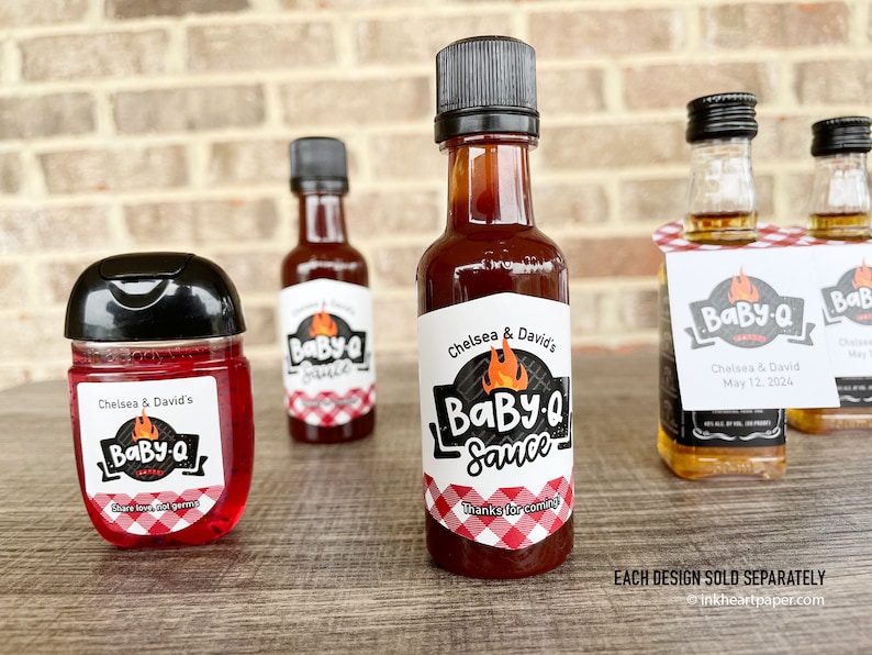Personalized Baby-Q baby shower favor bottles with gingham labels, including barbecue sauce, liquor bottles, and hand sanitizer favors for BBQ themed baby shower.