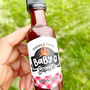 Baby shower barbecue party favors – Baby-Q mini bottles with custom labels, perfect for BBQ sauce or hot sauce