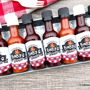 Personalized Baby-Q baby shower mini sauce bottle favors with gingham labels in red and black barbecue theme