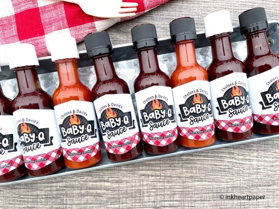Barbecue Baby Shower Favors, BabyQ Gifts, Mini Hot Sauce Favor Bottles, Gifts for Guests, EMPTY DIY Kit 12 bottles