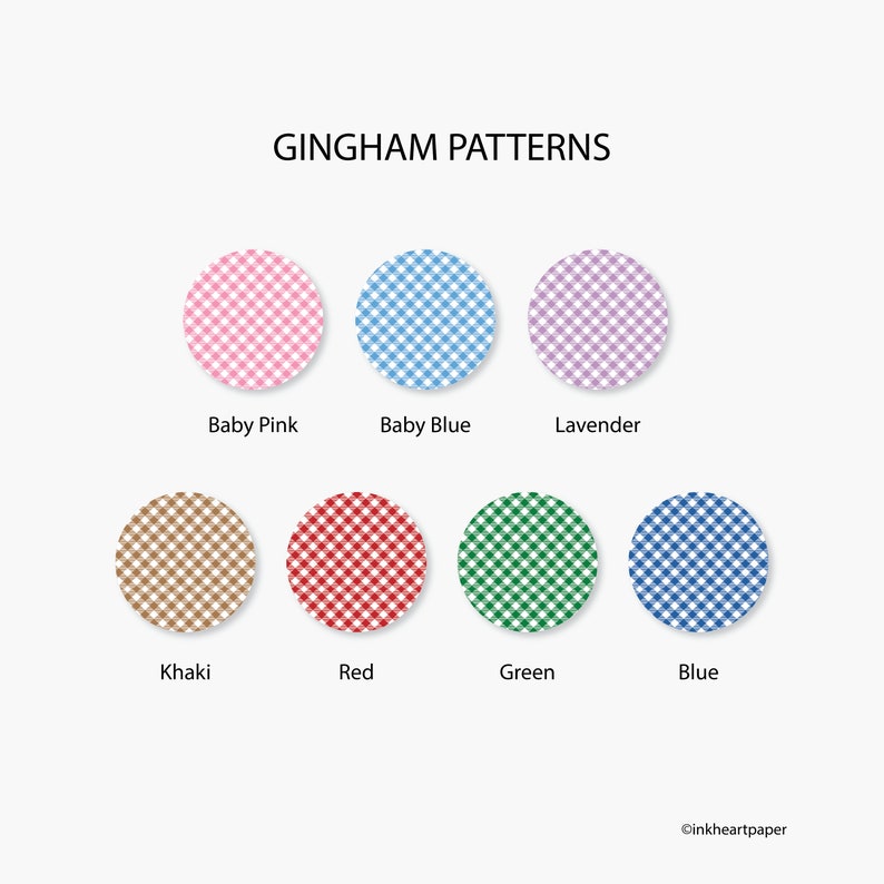 May include: Gingham patterns in a variety of colours, including baby pink, baby blue, lavender, khaki, red, green, and blue. The patterns are shown in circles against a white background.