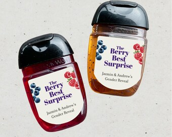 Personalized Gender Reveal Hand Sanitizer Labels, Berry Best Surprise Baby Shower Favors, Blueberry Raspberry Labels, Stickers