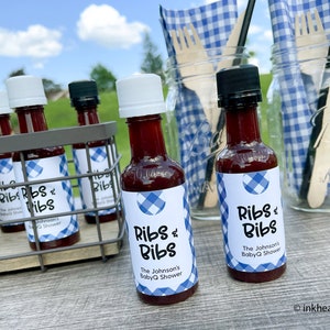 Backyard Baby Shower Favors, BabyQ Sauce Bottle with Labels, Blue Gingham Picnic, Ribs and Bibs Custom Favors, EMPTY DIY Kit 12 bottles