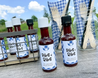 Backyard Baby Shower Favors, BabyQ Sauce Bottle with Labels, Blue Gingham Picnic, Ribs and Bibs Custom Favors, EMPTY DIY Kit 12 bottles