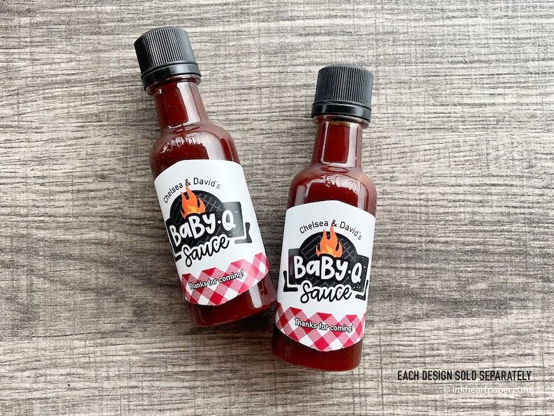 Custom Baby-Q hot sauce and barbecue sauce favor bottles for baby shower BBQ with personalized labels