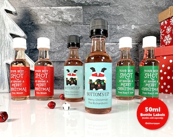 Personalized Christmas Mini Liquor Bottle Labels: Holiday Party Favors (Set of 12)