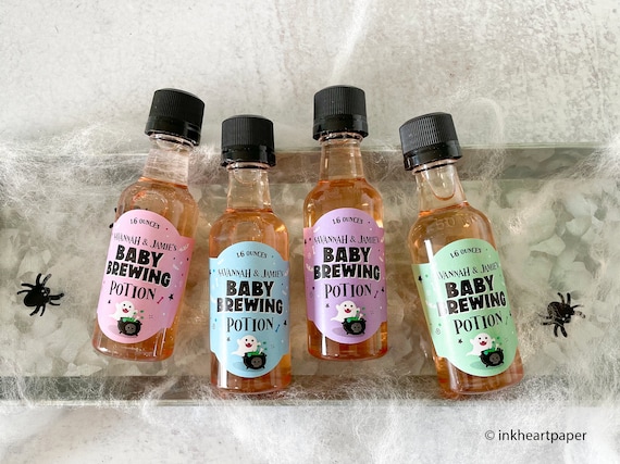Halloween Baby Shower Favors, Baby Is Brewing Potion Favors, Baby Shower Wine Labels, Mini Liquor Bottle Stickers, Spooky Shower