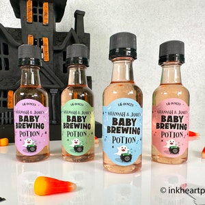 Halloween Baby Shower Ideas, A Baby Is Brewing Potion Favors, Baby Shower Wine Labels, Mini Liquor Bottle Stickers, EMPTY DIY Kit 12 bottles