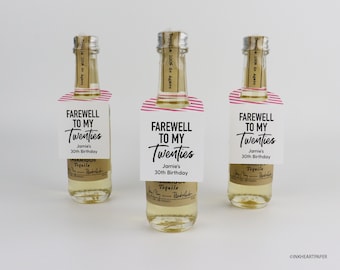 Adult 30th Birthday Party Favors, Shot Bottle Tags Mini Liquor Bottle Tags Farewell  To My Twenties , RIP 20s, Birthday Favors (Set of 12)