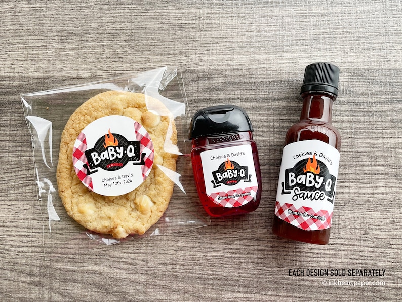 Personalized Baby-Q baby shower favors with gingham labels, including mini bottles for barbecue sauce, liquor, or hand sanitizer, plus round favor labels for treat bags at a BBQ themed shower.