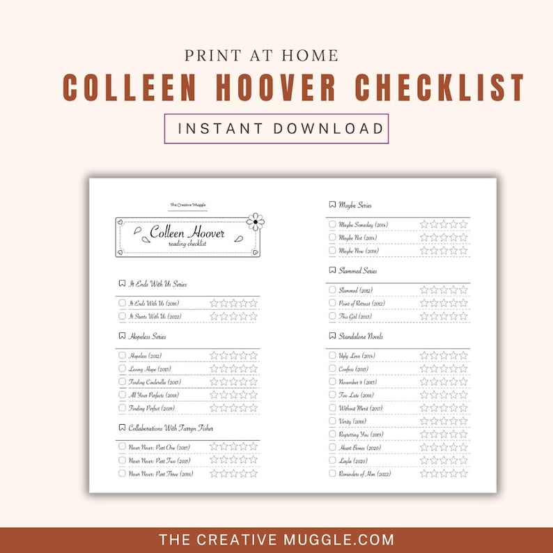 Colleen Hoover Reading Checklist, Colleen Hoover Books Checklist, Coho ...