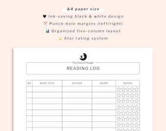 Reading Log Printable: Book Review Tracker (A4/US Letter) (Digital Download)