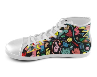 Kids Animated Graffiti Doodle Print Custom High Top Canvas Shoes (6-12 years) Christmas gift for men, women and children