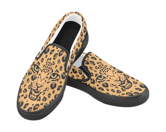 Kids Leopard Print Custom Canvas Slip ons Shoes (6-12 years) Christmas gift for men, women and children