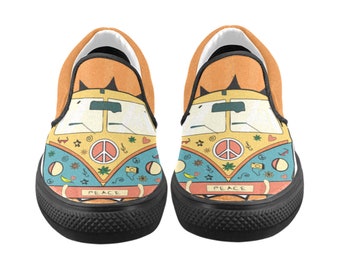 Women's Mystery Machine, Hippie Van, Casual, Pop Art, Custom Slip Ons Christmas gift for men, women and children