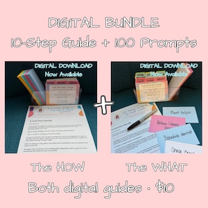 May include: A digital bundle featuring a 10-step guide and 100 prompts for a notecard system. The image displays printed instructional pages, a clear container holding colourful index cards with handwritten tabs, and a black pen on a dark surface.