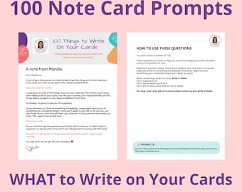 May include: Two white pages titled 100 Note Card Prompts and WHAT to Write on Your Cards. The text includes A note from Mandie, 100 Things to Write On Your Cards, and HOW TO USE THESE QUESTIONS, providing instructions for writing prompts.