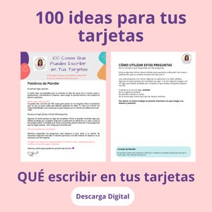 Op de afbeelding: Een digitale download met twee pagina's tekst getiteld 100 ideas para tus tarjetas en 100 Cosas Que Puedes Escribir en Tus Tarjetas. Het document bevat instructies voor het gebruik van de vragen, met paarse tekst op een lichtroze achtergrond.