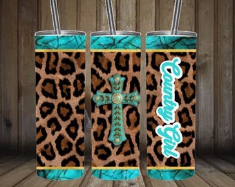 20oz Blue and Leopard with Cross, Skinny Tumbler personalized with lid and straw. Not Vinyl; so you can wash it!
