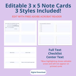 3x5 Editable Index Cards | 3 Printable PDF Templates | Checklist, Open Text & Centered Text | DIY Note Card Organization