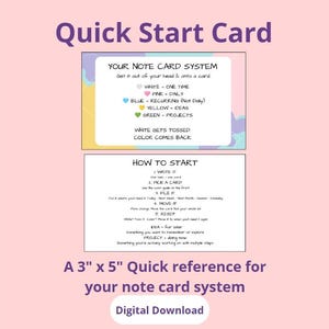 Könnte beinhalten: Ein 7,6 cm mal 12,7 cm großer Quick Start Card Digital-Download für ein Notizkartensystem. Die Karten enthalten schriftliche Anleitungen und einen farbcodierten Leitfaden zur Aufgabenorganisation mit den Farben Weiß, Pink, Blau, Gelb und Grün.