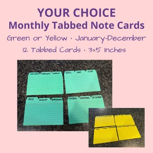 May include: A set of 12 monthly tabbed note cards measuring 3x5 inches. The cards are available in green or yellow, each featuring printed month names from January to December on individual tabs and horizontal lines for writing.