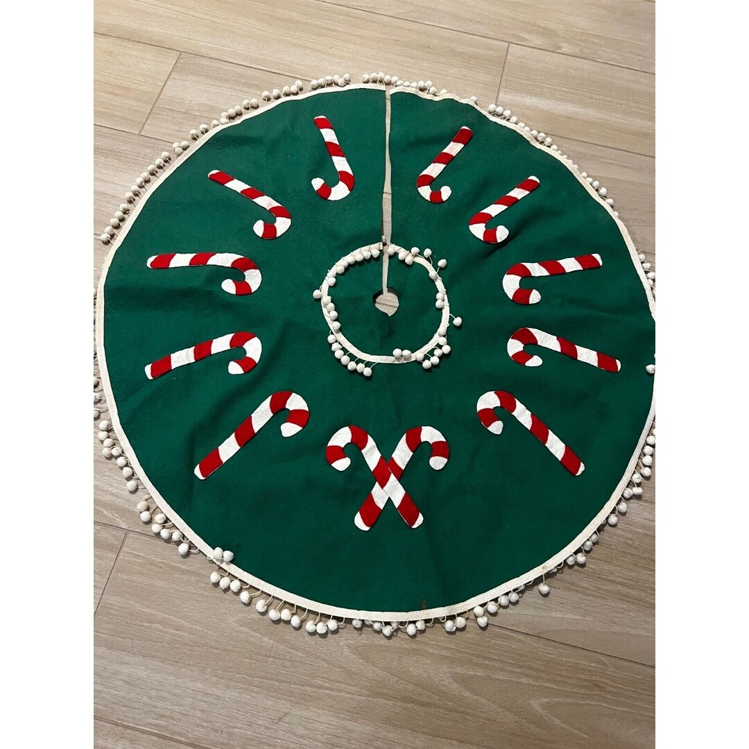 VTG Handmade Candy Cane Christmas Tree Skirt Green With Pom Etsy