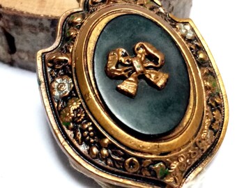 Antique Victorian Scarf Clip – 1910s Edwardian Dress Clip, Brass & Copper Floral Crest Accessory, 1.5"