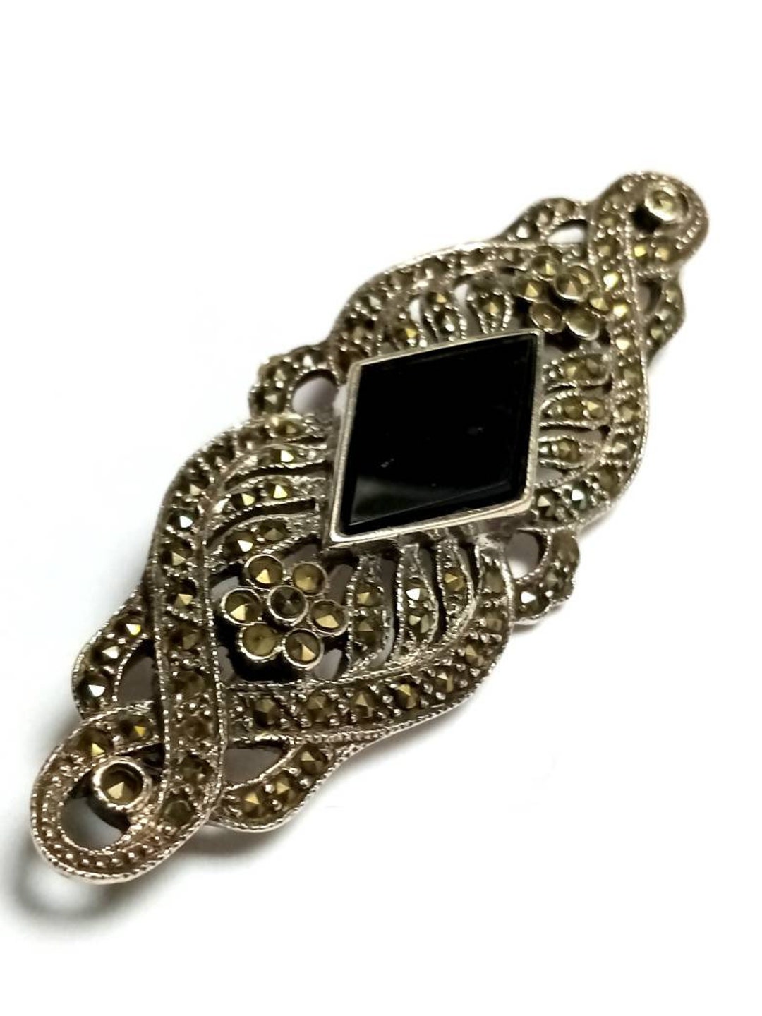 Victorian Style Marcasite Onyx Brooch, Sterling Silver Brooch, Gothic