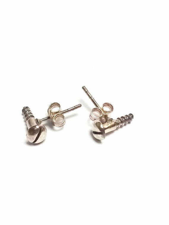 Vintage 925 Sterling Silver Screw Earrings – Handmade 3D Fun Studs, 0.45" Punk & Crafty Silver Earrings, Woodworking Gift