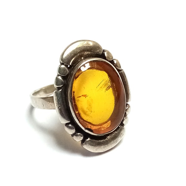 Silver Nakai Ring with Amber, vintage Handmade Sterling Silver 925 Ring, Silver Ring, Native Ring, unique ring, Amber Ring, 17 mm,