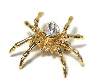 Golden Spider Brooch, Vintage Spider Pin, 1980s retro Fashion Brooch, very nice elegant Halloween Spider, golden with white stone, 32x32mm