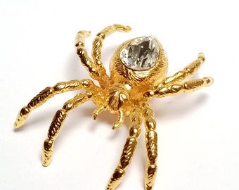 Golden Spider Brooch, Vintage Spider Pin, 1980s retro Fashion Brooch, very nice elegant Halloween Spider, golden with white stone, 55 x 45mm