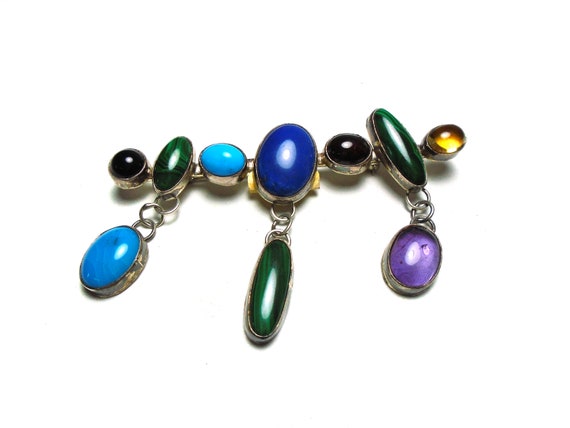 Broche Ancienne Navajo Mexico - Argent Sterling Et Obsidienne, état Bien Conservé