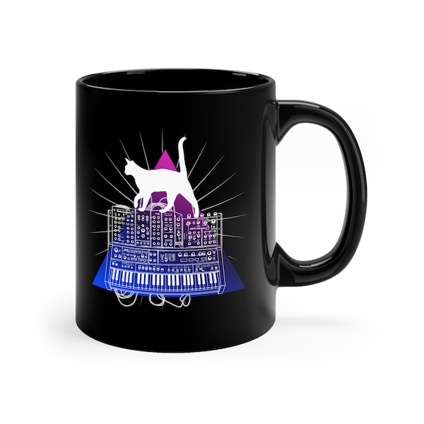 Psychedelic Synthesizer Cat Mug-Retro Synth-Analog/Modular Keyboard/Piano/Organ-Outer Space-Moog/Arp -Cute Kitten Gifts Synth Wave Music