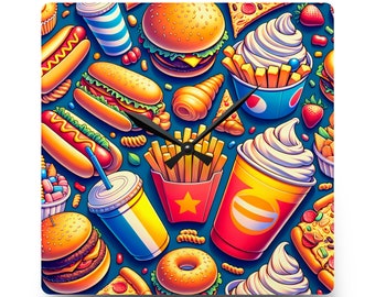 Orologio da parete Fast Food Delight – Orologio da cucina colorato a tema snack – Decorazione unica per commensali e buongustai