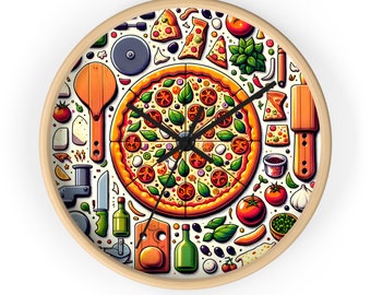 Orologio da parete da cucina a tema pizza – Orologio in stile pizzeria con cornice in legno – Essenziale per gli amanti della pizza e gli chef