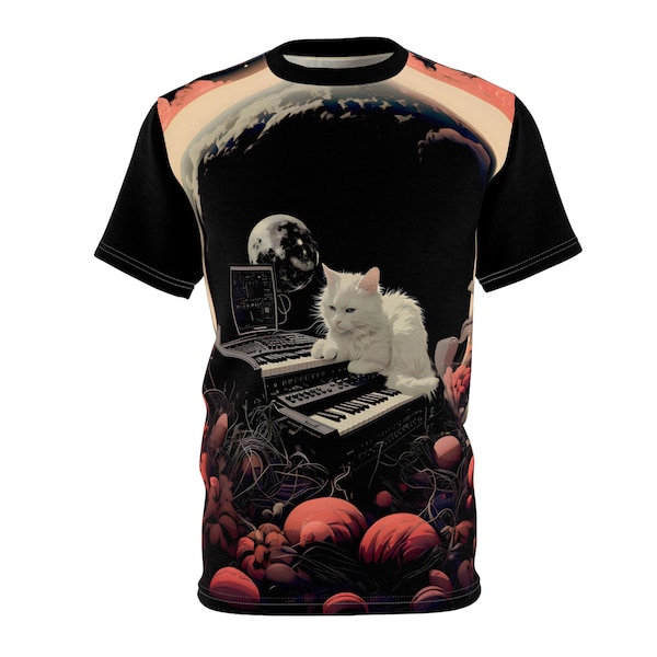 Synthesizer Cat In Outer Space T Shirt-All Over Print Polyester Tee-Analog/Modular Synthesizers -Piano/Keyboard-Astronomy-Moog-Cute Animals