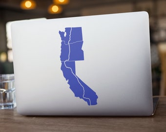 May include: A laptop computer with a blue sticker of the state of California divided into its regions. The laptop is on a wooden table.