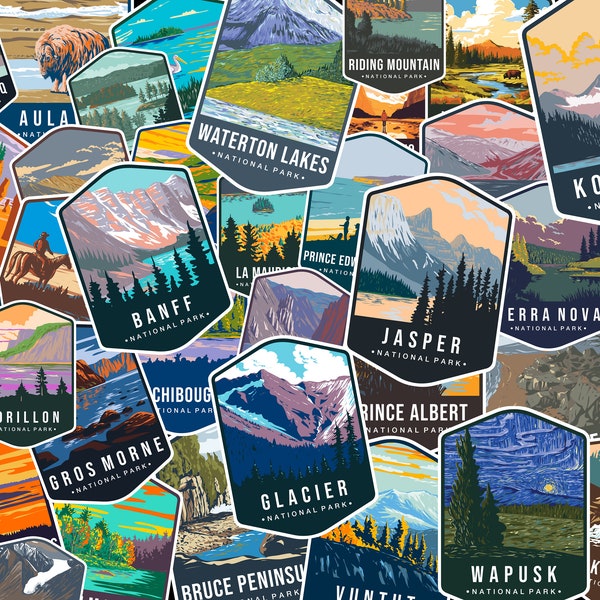 Canadian National Park Stickers; Badge Style Stickers; National Park Keepsakes; Outdoor Adventures; Camping; Hiking; Travel; Adventure