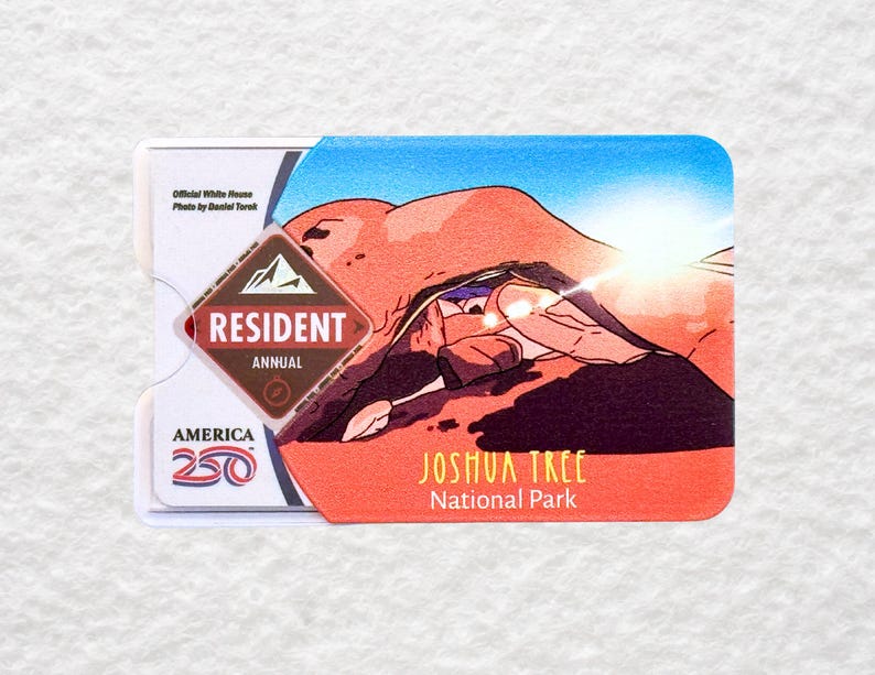 May include: A Resident Annual pass for Joshua Tree National Park. The pass features a desert landscape illustration with a bright sun and the park's name in orange. The pass also includes the America 250 logo.