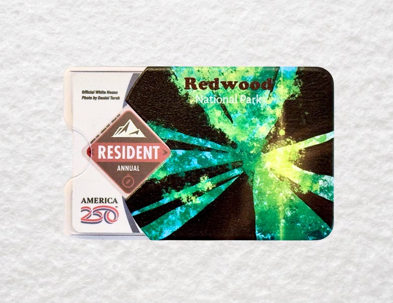 May include: A Redwood National Park Resident Annual pass. The pass has a colorful design with green and blue accents. The pass also features the text "Redwood National Park", "Resident", and "America 250".