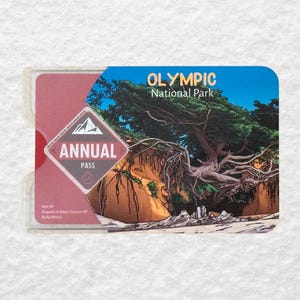 May include: An annual pass for Olympic National Park. The pass is in a clear plastic holder. The pass has a blue and red design with the words "Olympic National Park" and "Annual Pass". The pass features a landscape image of a tree.