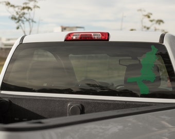 May include: A white pickup truck with a green state outline sticker on the rear window.