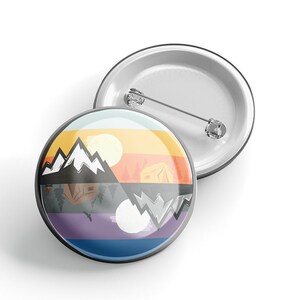 Mountain Scene Day and Night Pinback Button; Camping Adventure Backpacking Outdoors Themed Pin; 1.5&quot; Button for Lanyard Backpack Clothing