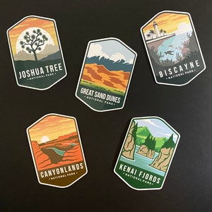 National Park Stickers; Badge Style Stickers; National Park Keepsakes; Outdoor Adventures; Camping; Hiking; Travel; Adventure Stickers